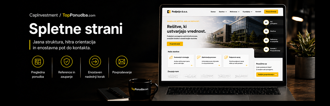 Sodobna in pregledna spletna stran za podjetja, prilagojena hitremu pridobivanju povpraševanj.