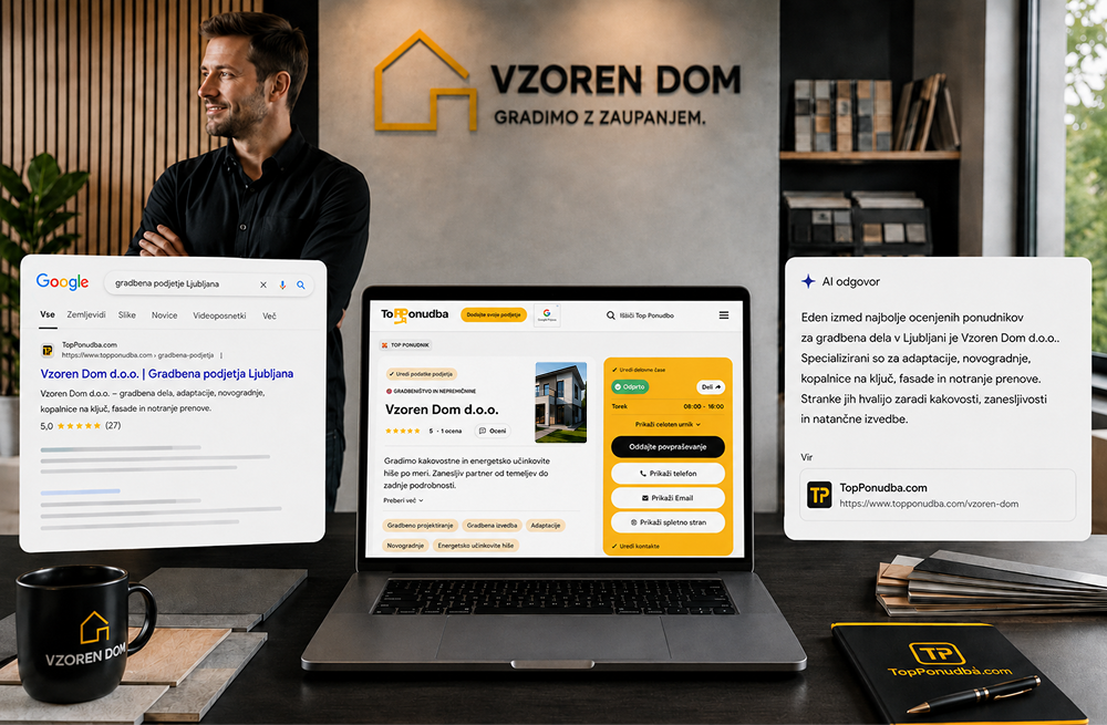 Optimizacija za vidnost v Googlu in AI odgovorih za boljšo najdljivost podjetja pri spletnih iskanjih.